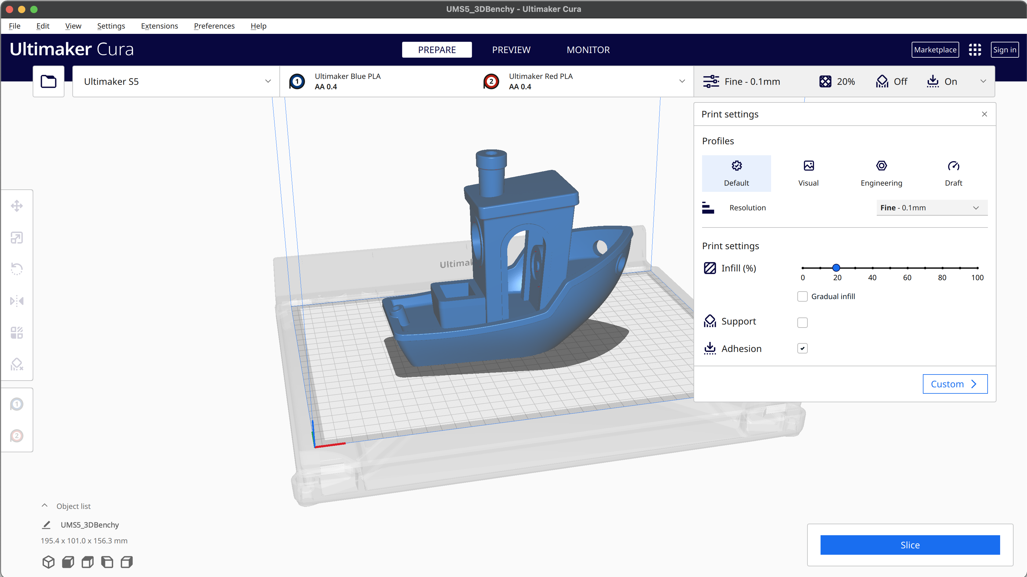 Shows cura open on the preview screen with a large benchy model in the center.