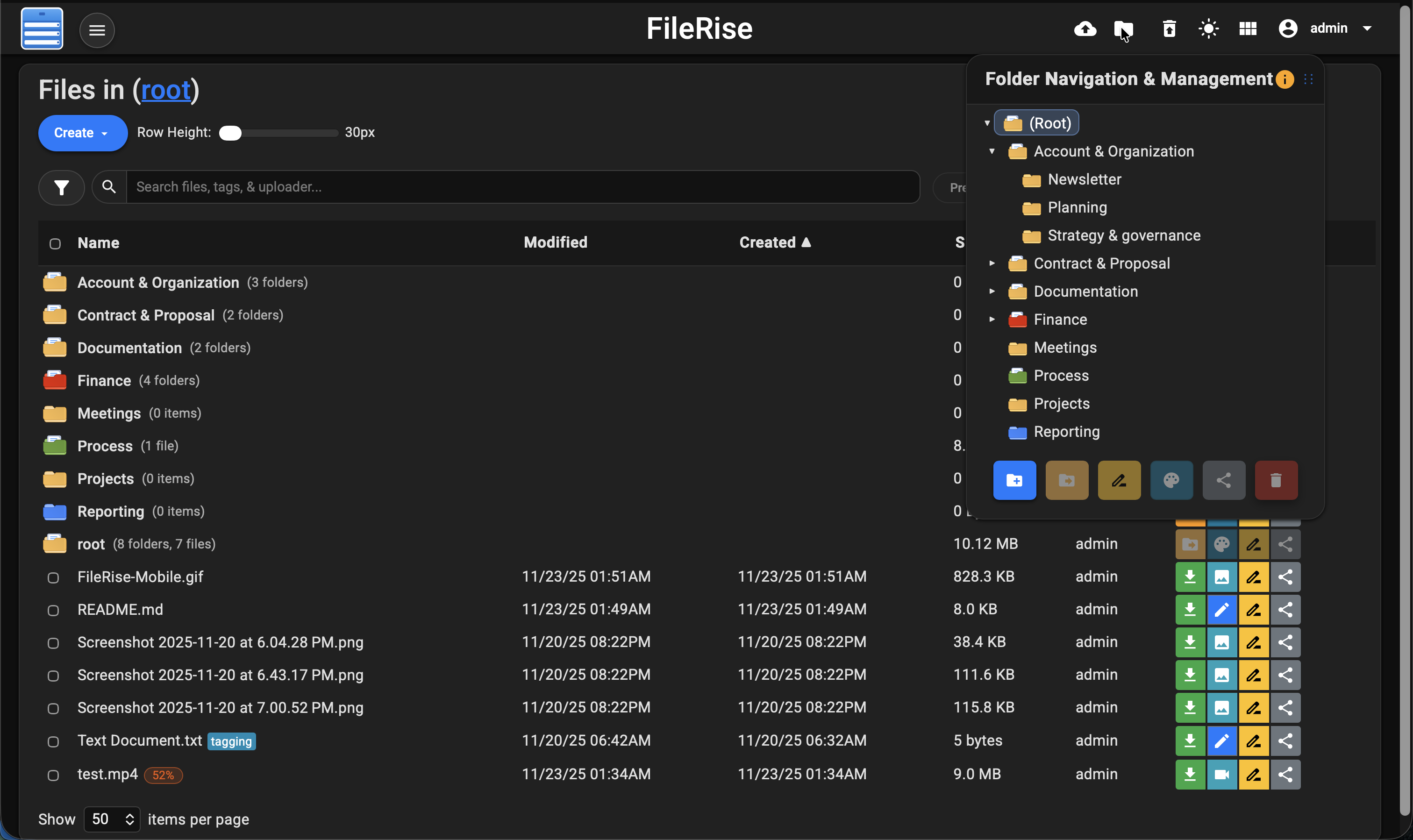Интерфейс FileRise в темной теме