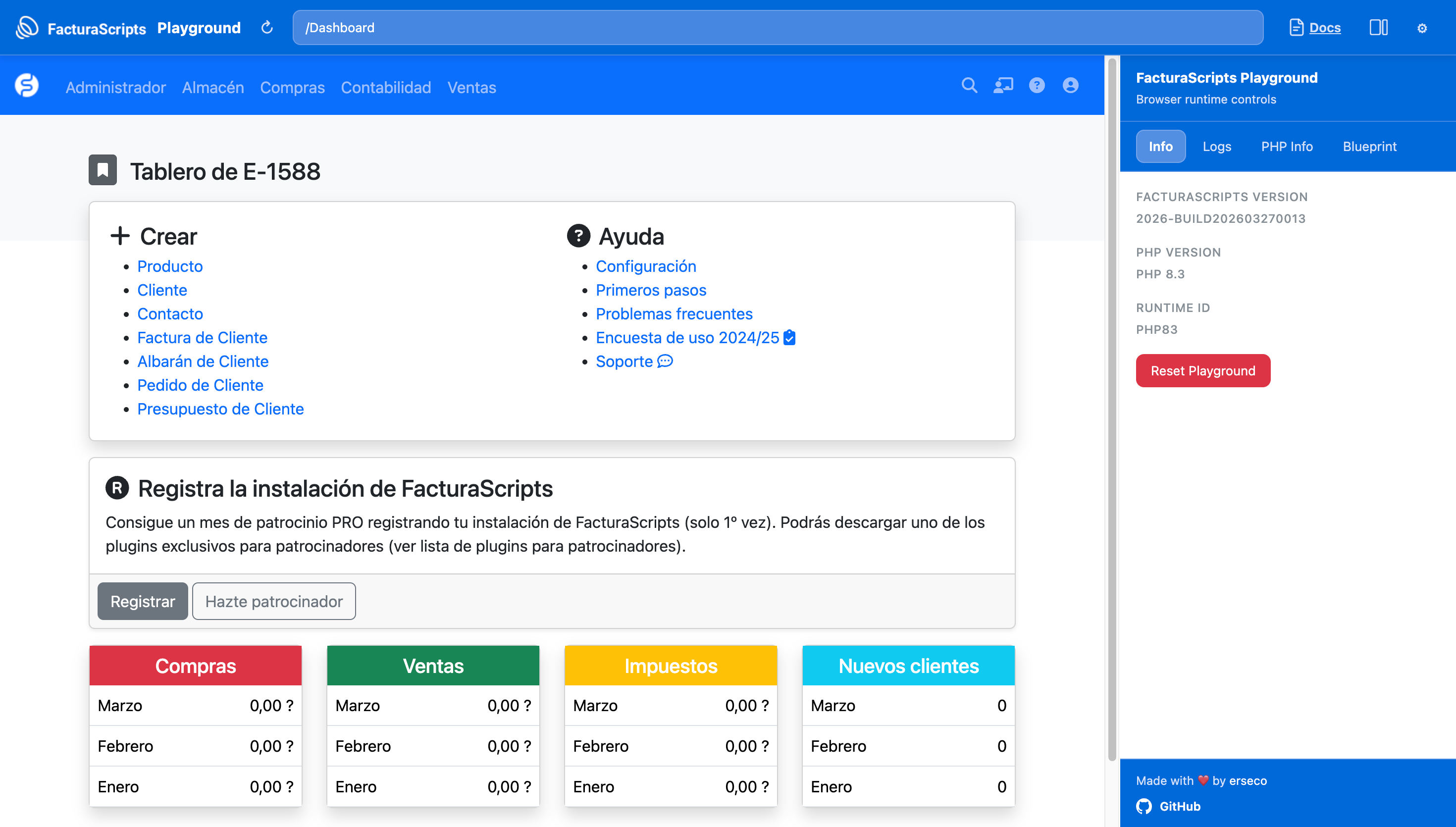 Captura de FacturaScripts Playground