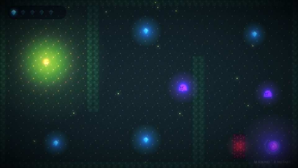 Crystal Grove at night: a lantern lights the hero, crystals glow blue, slimes purple, thorns red and the portal swirls, with fireflies and crystal slots in the corner