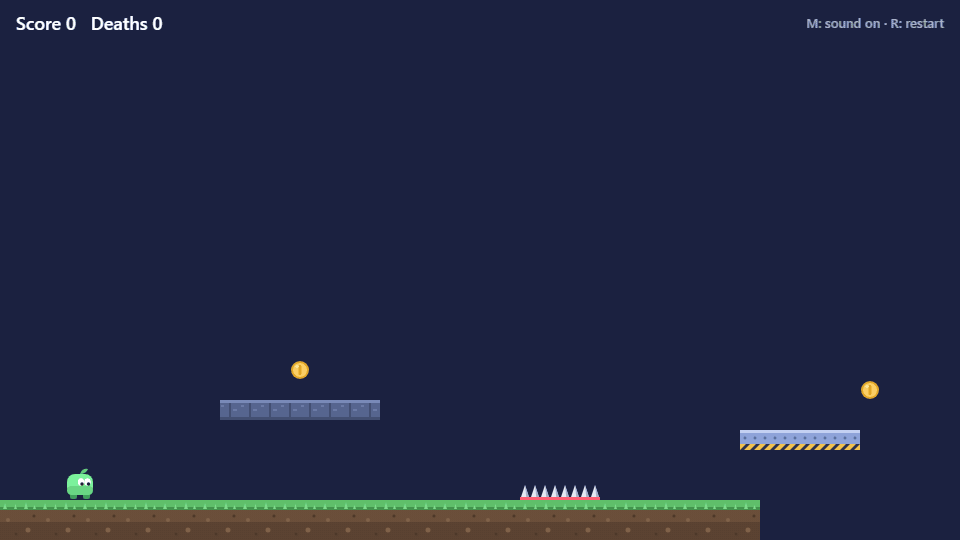 A Ludra platformer: a green character collects coins, rides a moving platform over a pit, stomps a slime and reaches the goal flag