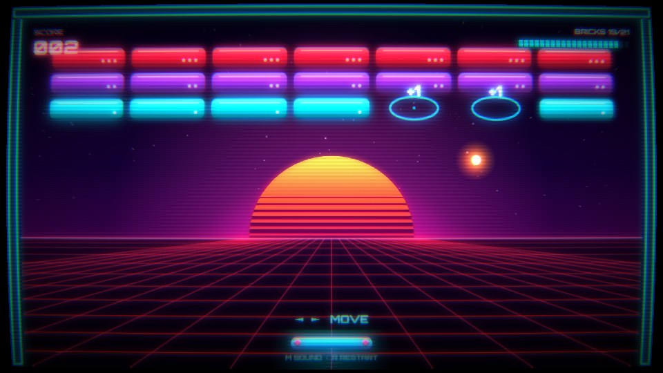 Neon Breakout: glowing neon bricks over a synthwave sun and a scrolling perspective grid, with +1 popups and shockwaves where bricks broke, a comet-tailed ball and a CRT bloom finish
