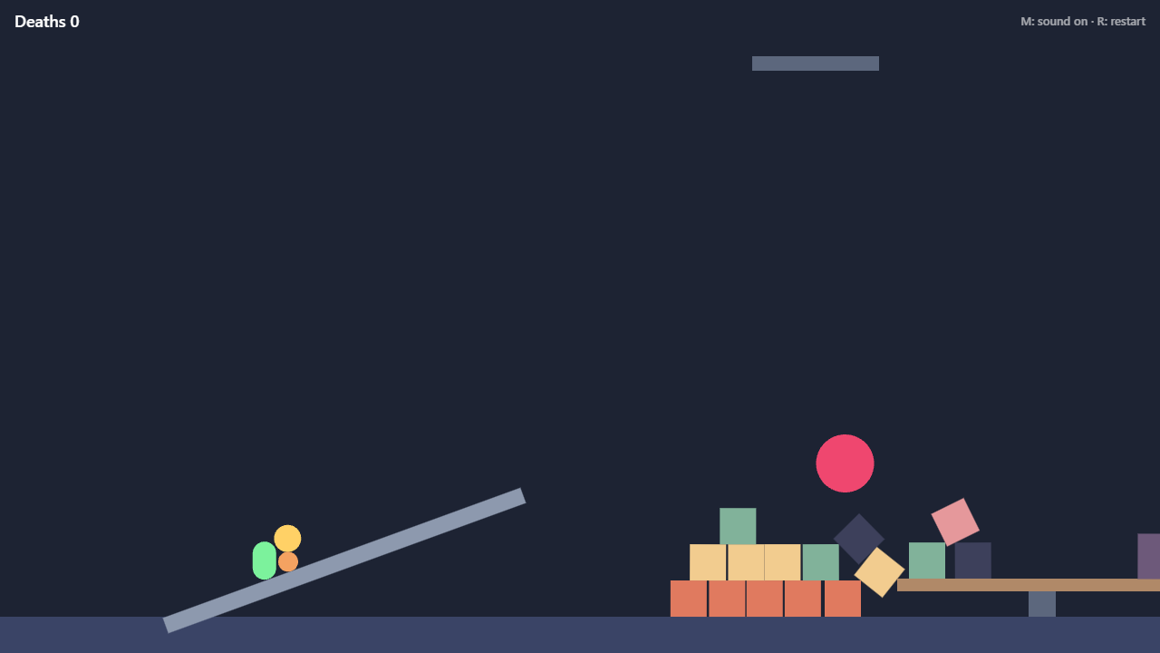 A Ludra physics scene: a wrecking ball on a hinge has smashed into a crate pyramid, crates tumble rotated onto a seesaw, and a capsule player climbs a ramp while balls roll down it