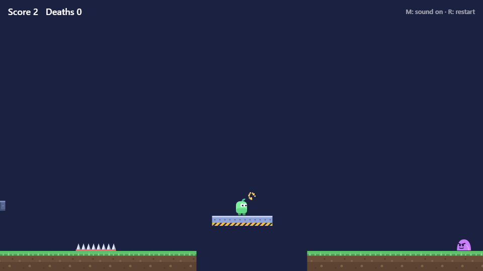 Screenshot at 3.7 seconds: the player rides the moving lift over the pit while gold coin particles fade, and the slime waits on the far side