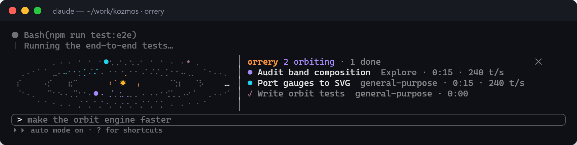 orrery: subagents orbiting Claude above the prompt