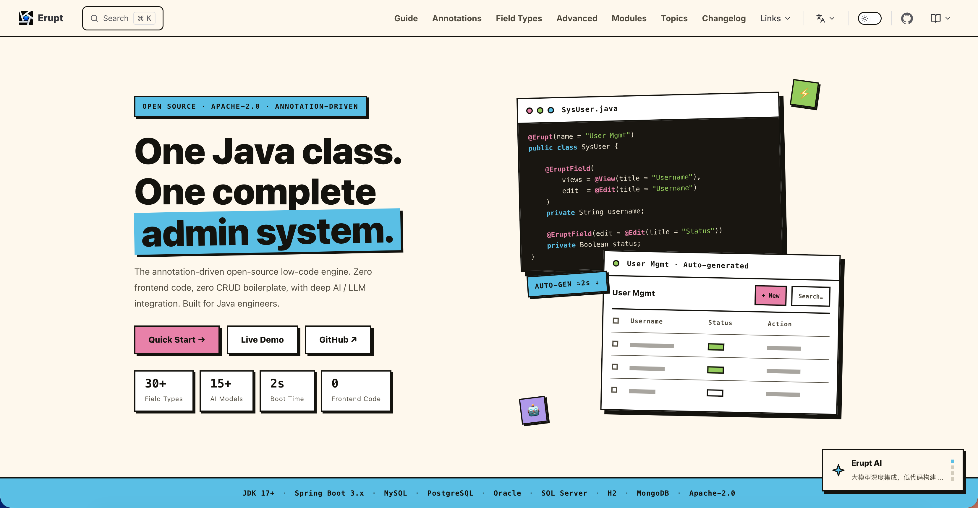 Erupt · Annotation-Driven Java Admin Framework · AI Harness