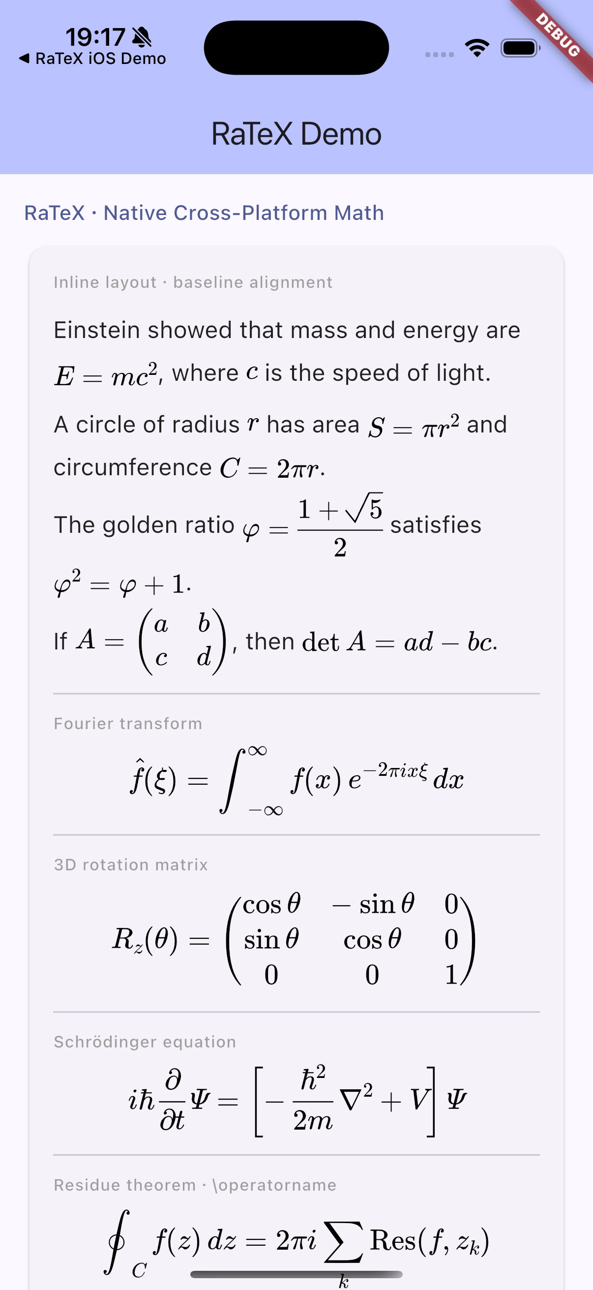 RaTeX demo on Flutter iOS