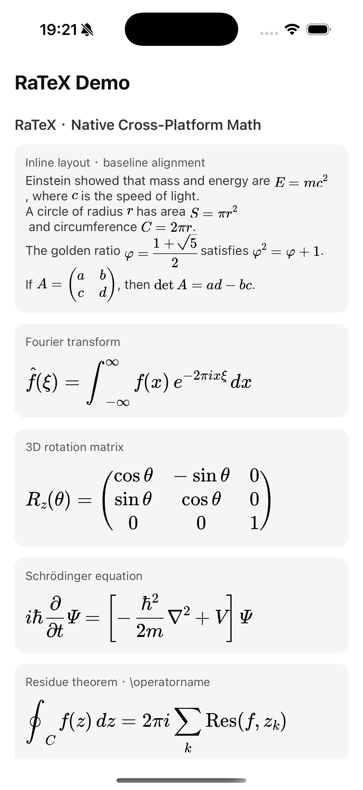 RaTeX demo on React Native iOS