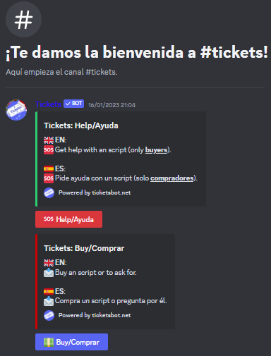 Image of the tickets channel on Discord