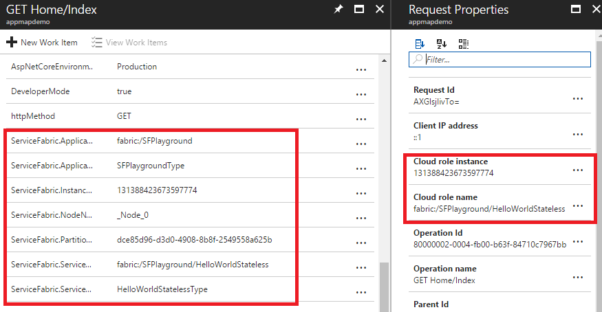 Context fields for reliable services as shown on application insights portal