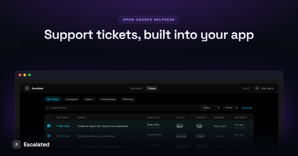 Escalated — support tickets, built into your app