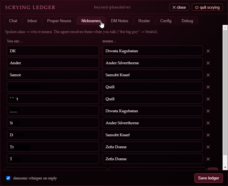 Nicknames tab