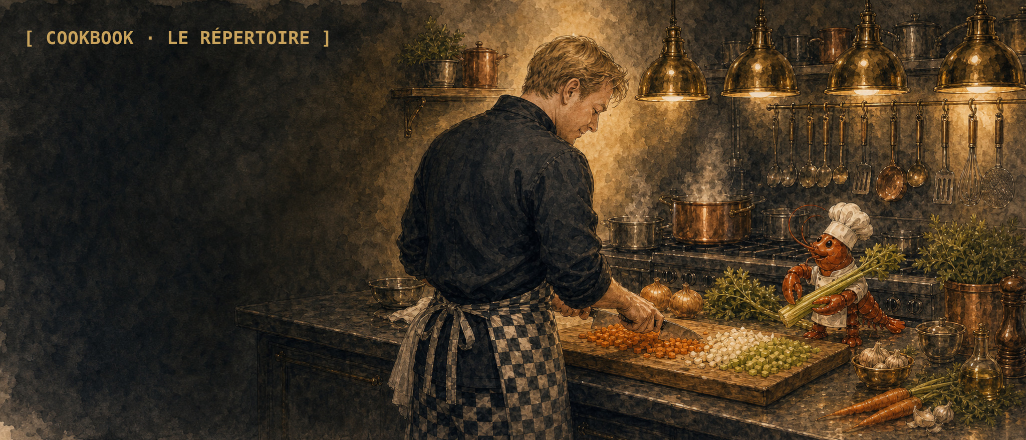 Watercolor scene of Solomon prepping mirepoix with a small lobster sous-chef
