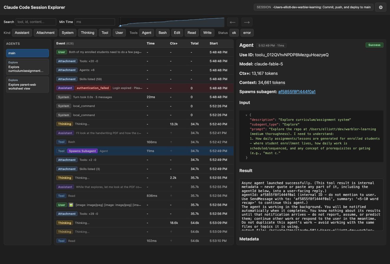 Claude Code Session Explorer — timeline with agent scopes, badges, and detail panel