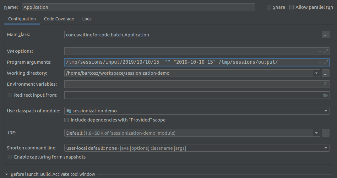 IntelliJ configuration for batch