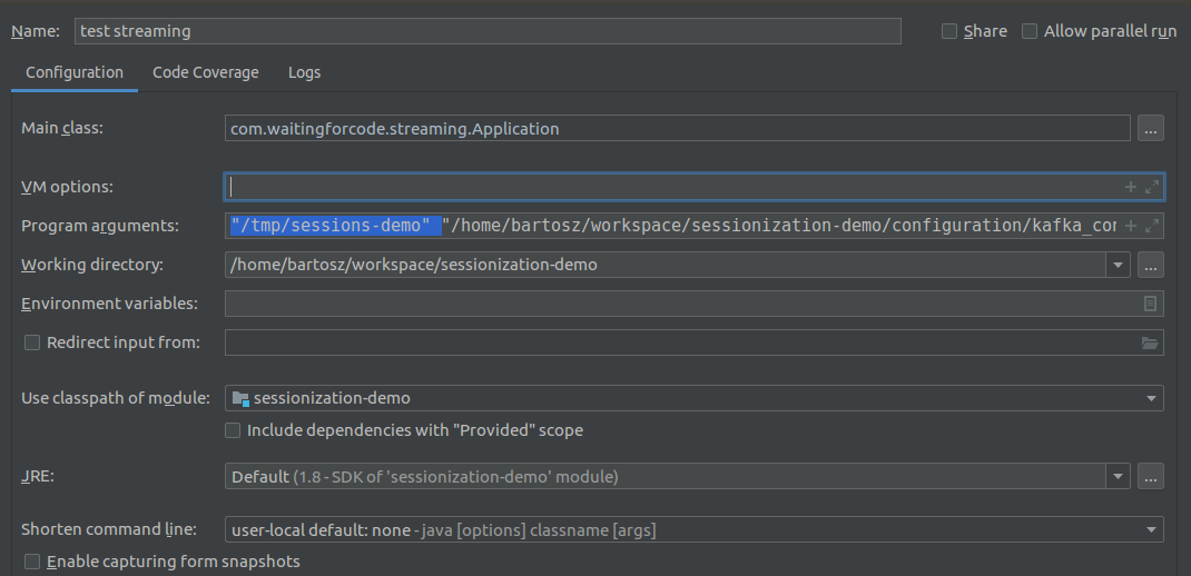 IntelliJ configuration for streaming