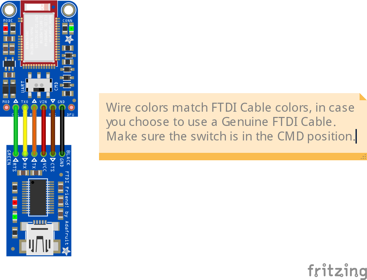 Bluefruit to UART: CTS to RTS, TXO to RX, RXI to TX, VIN to VCC, RTS to CTS, GND to GND. MOD and DFU are no-connect.