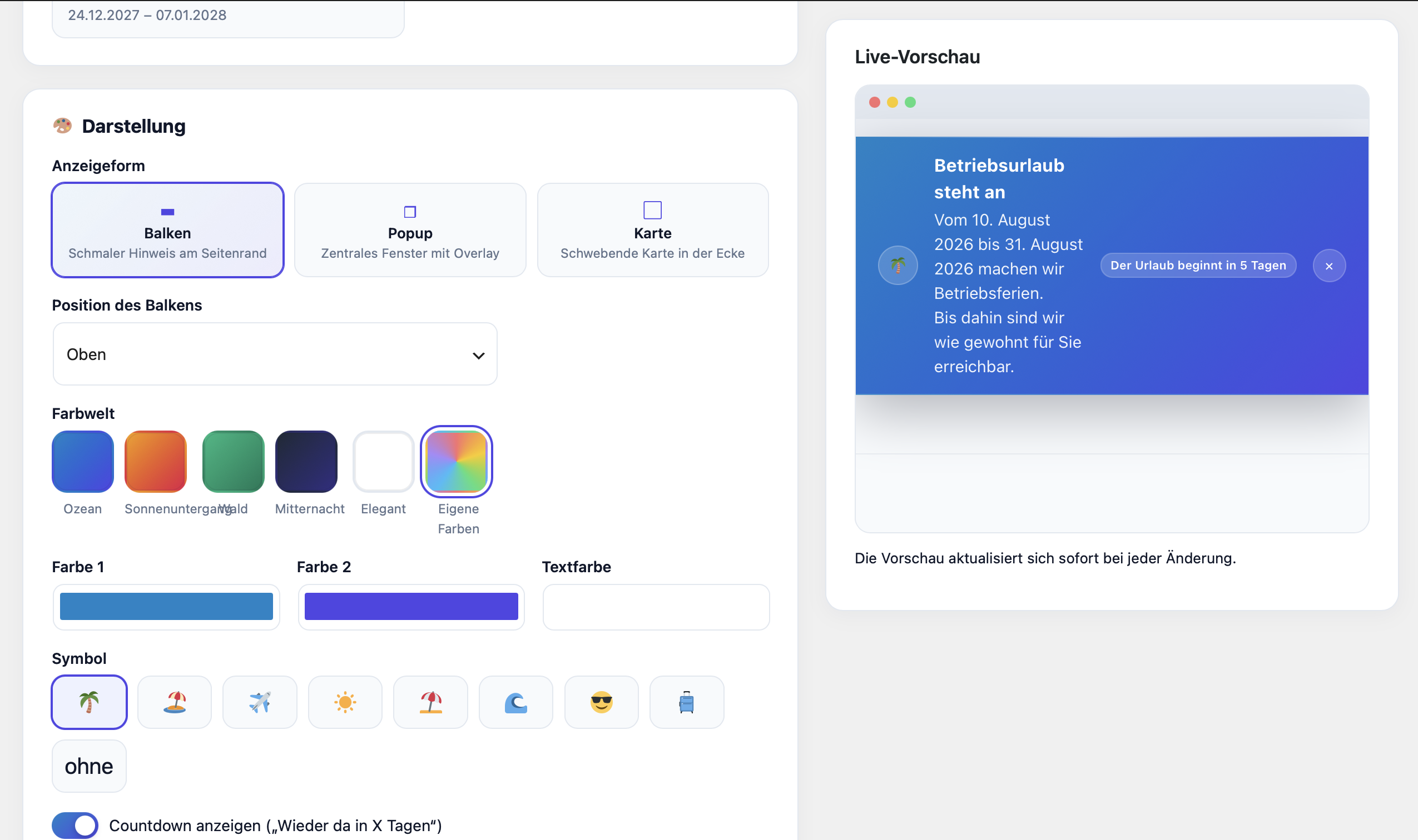 Balken-Modus mit Live-Vorschau