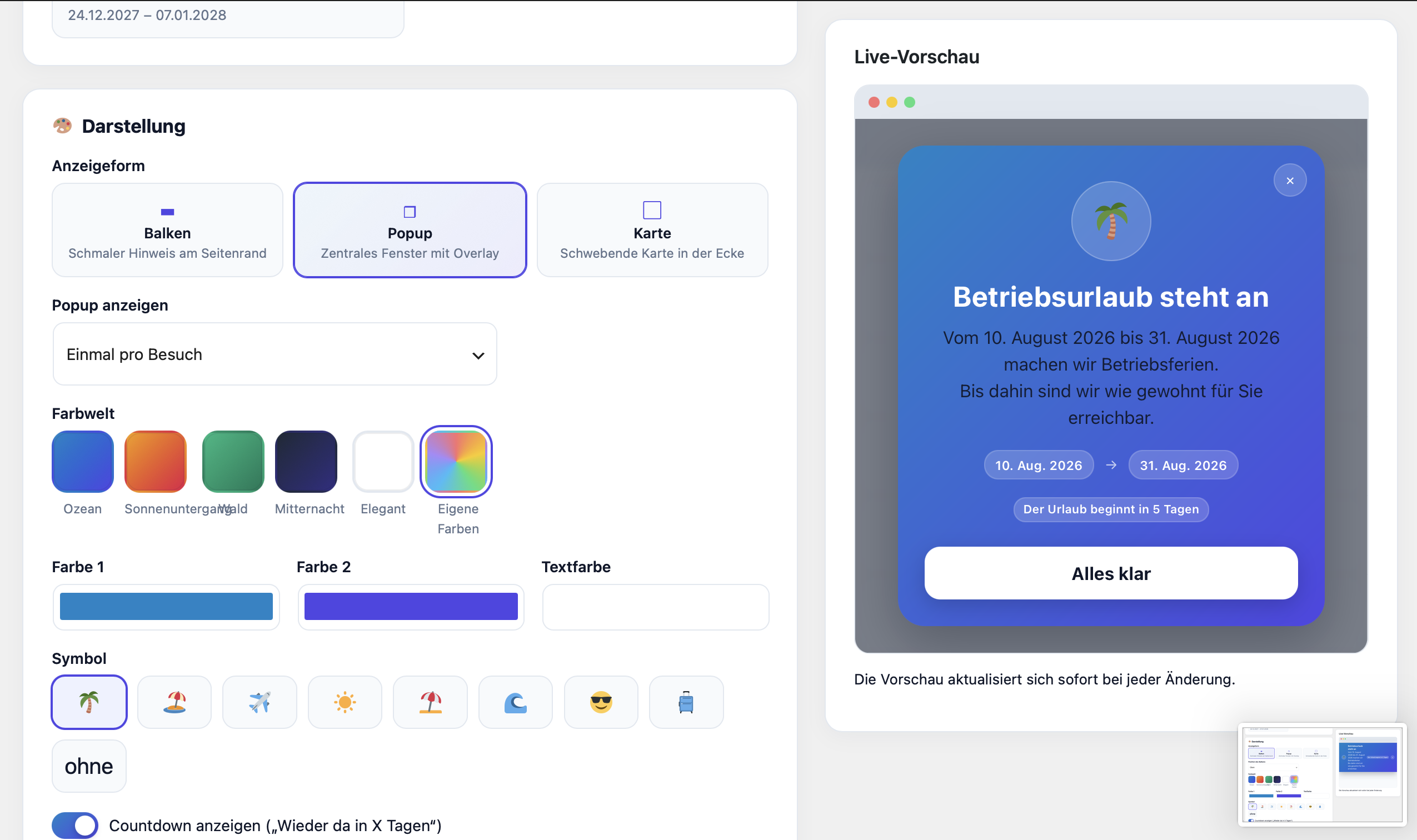 Popup-Modus mit Live-Vorschau