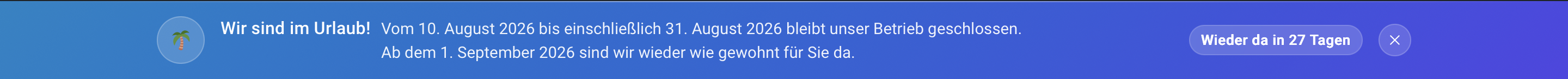 Urlaubshinweis als Balken am oberen Seitenrand