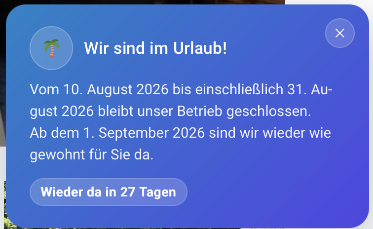 Urlaubshinweis als schwebende Karte