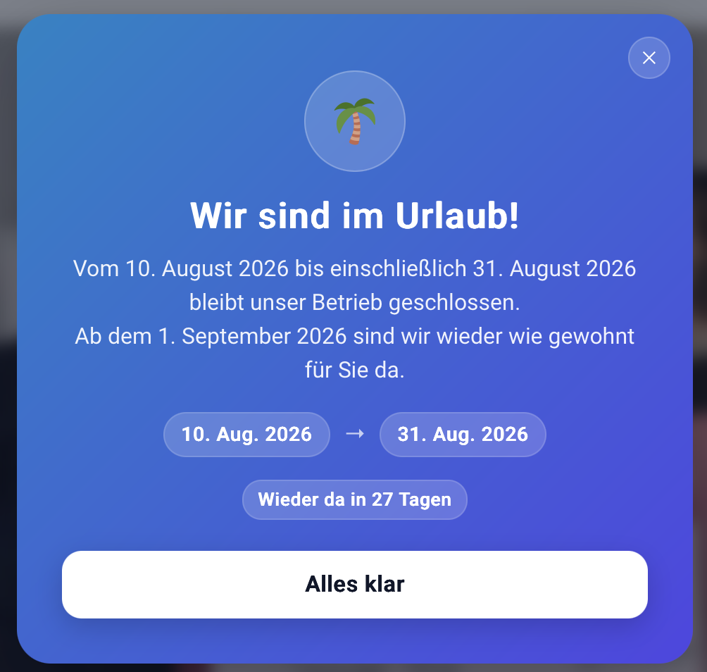 Urlaubshinweis als zentrales Popup
