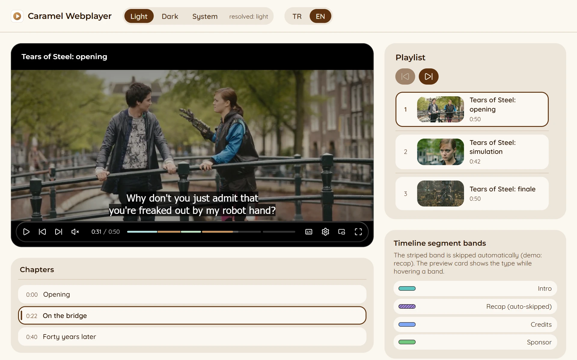 Caramel Webplayer demo: the player with subtitles, the chapter list and the playlist panel