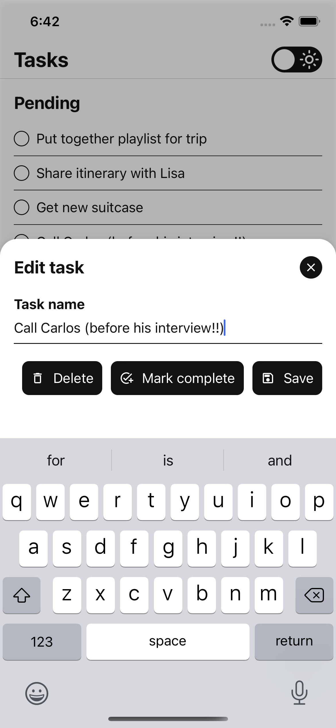 Tasks screen