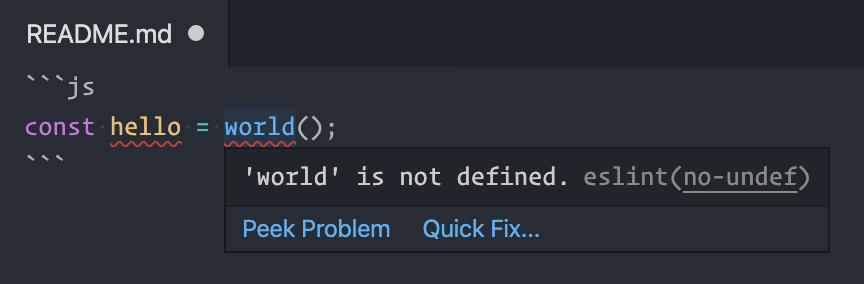 A JS code snippet in a Markdown editor has red squiggly underlines. A tooltip explains the problem.