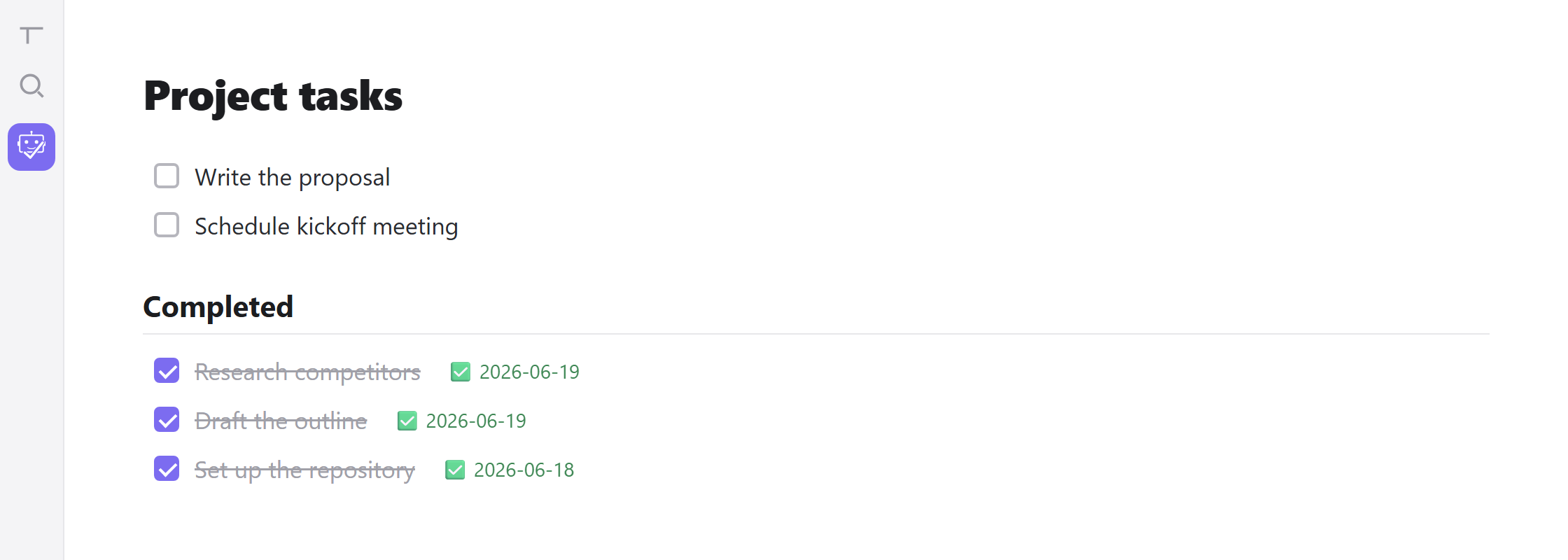 Completed tasks moved into their own section