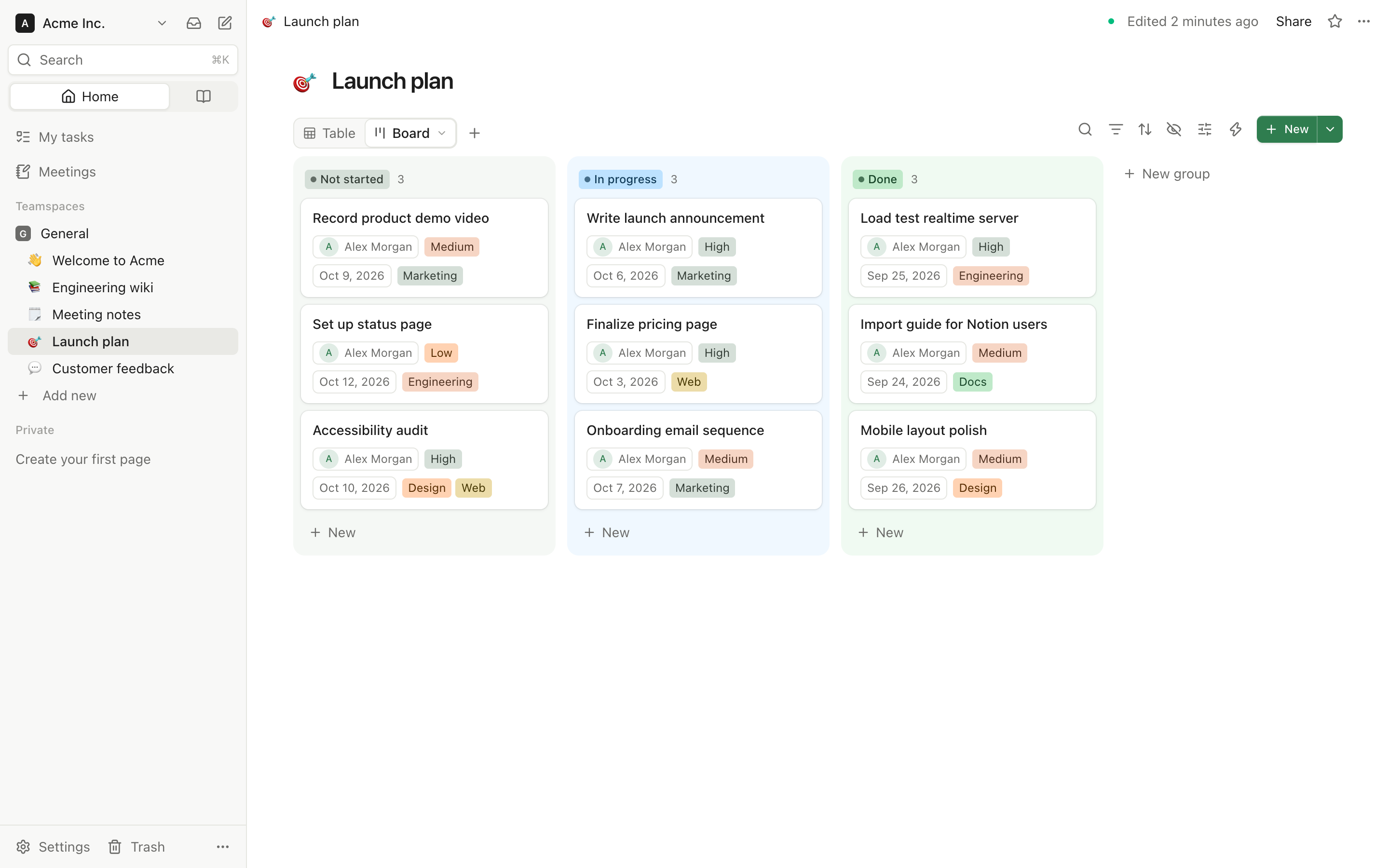 A Leafdesk database shown as a board, with the workspace's pages in the sidebar