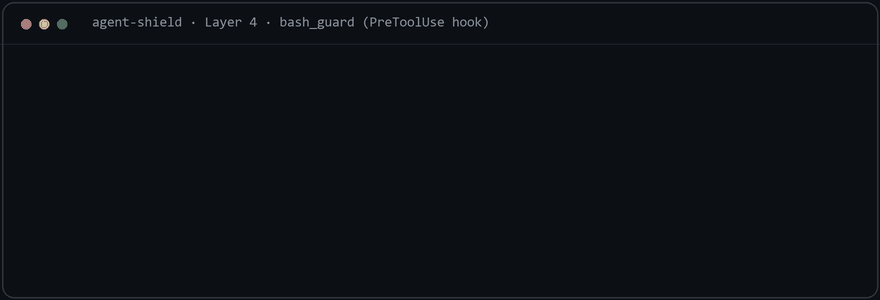 agent-shield blocking a destructive command (deny), prompting on a risky one (ask), and allowing a safe one (allow)