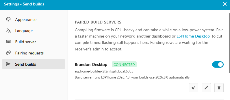 A connected build server on the sending dashboard