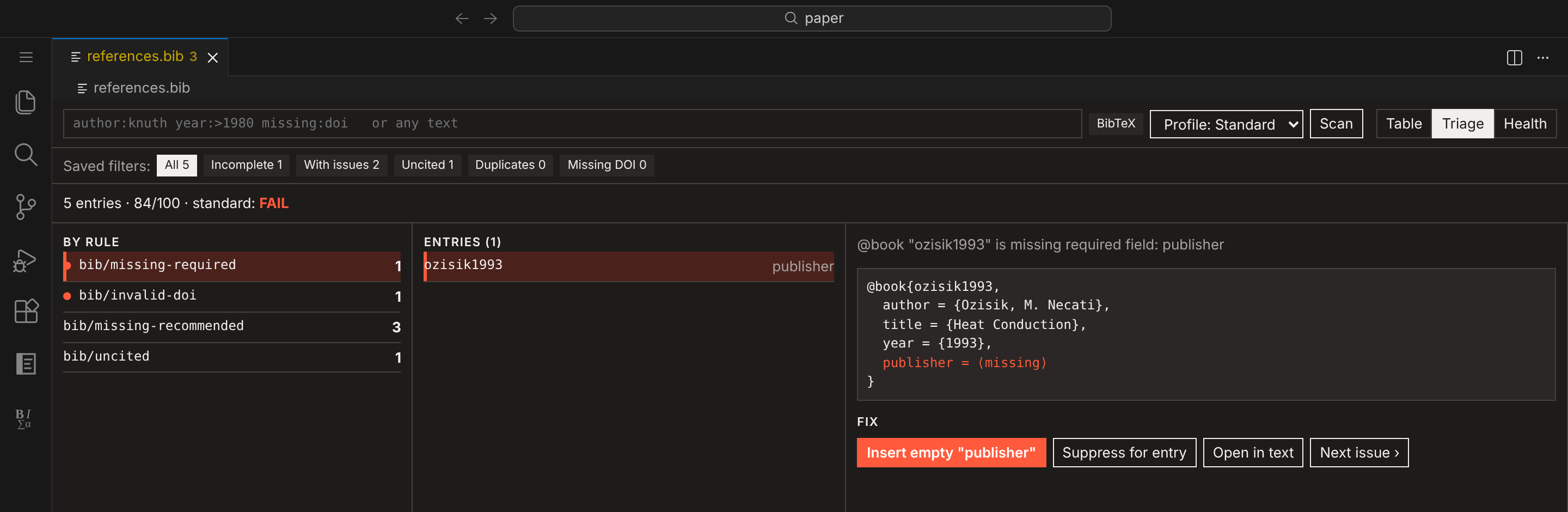 Bib Manager triage: issues grouped by rule with one-click fixes