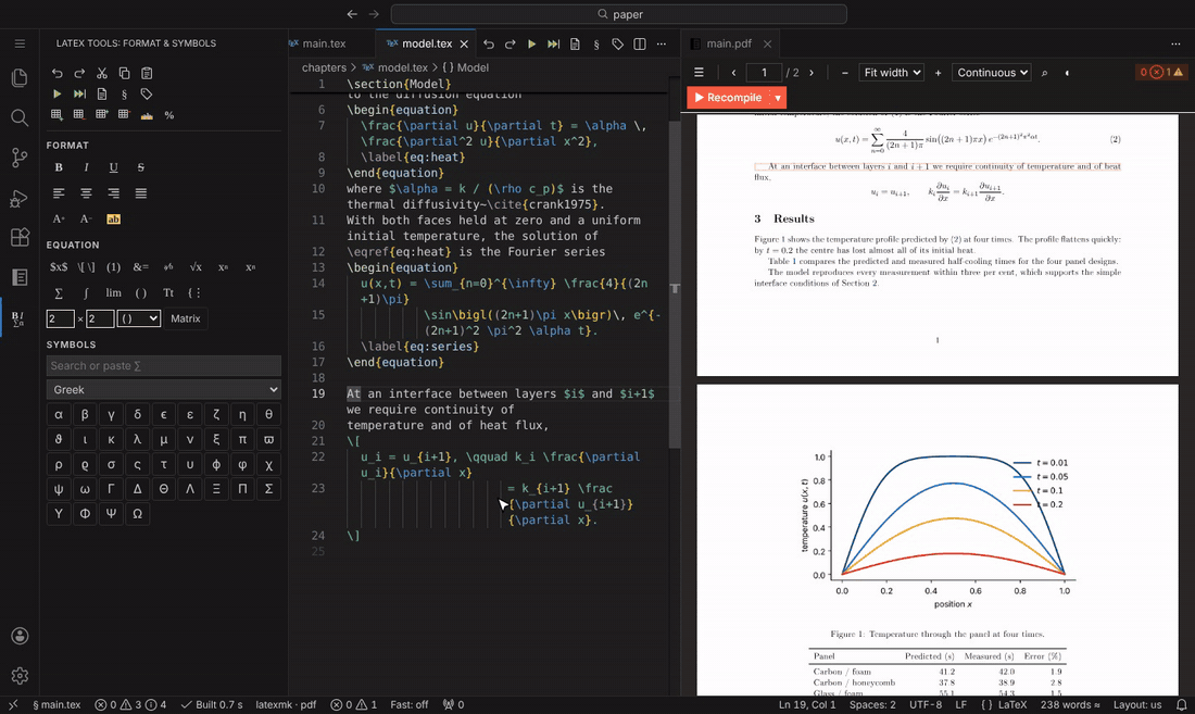 Saving rebuilds the PDF; Ctrl+click in the PDF jumps to the source