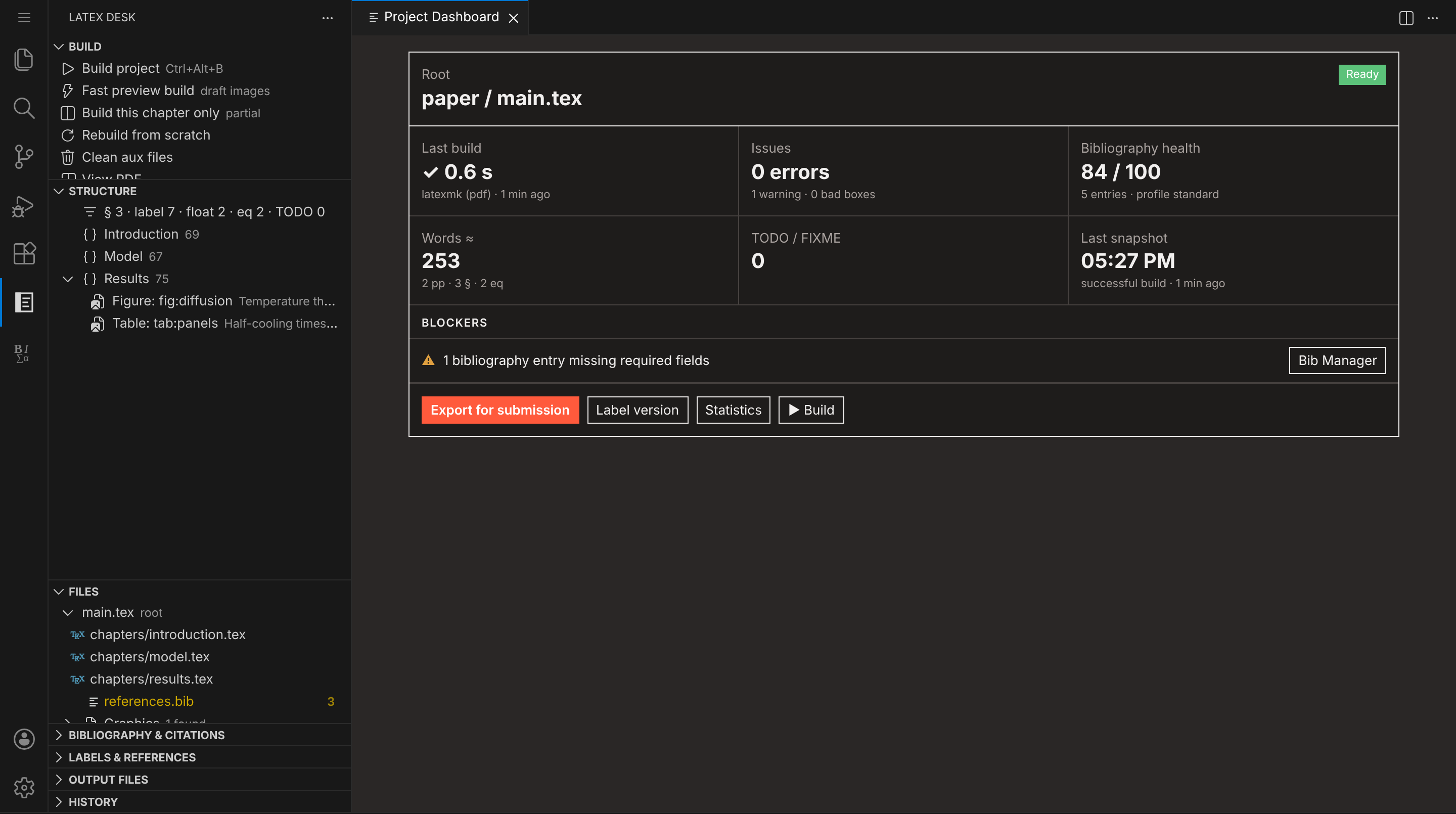 Project dashboard and the LaTeX Desk side bar