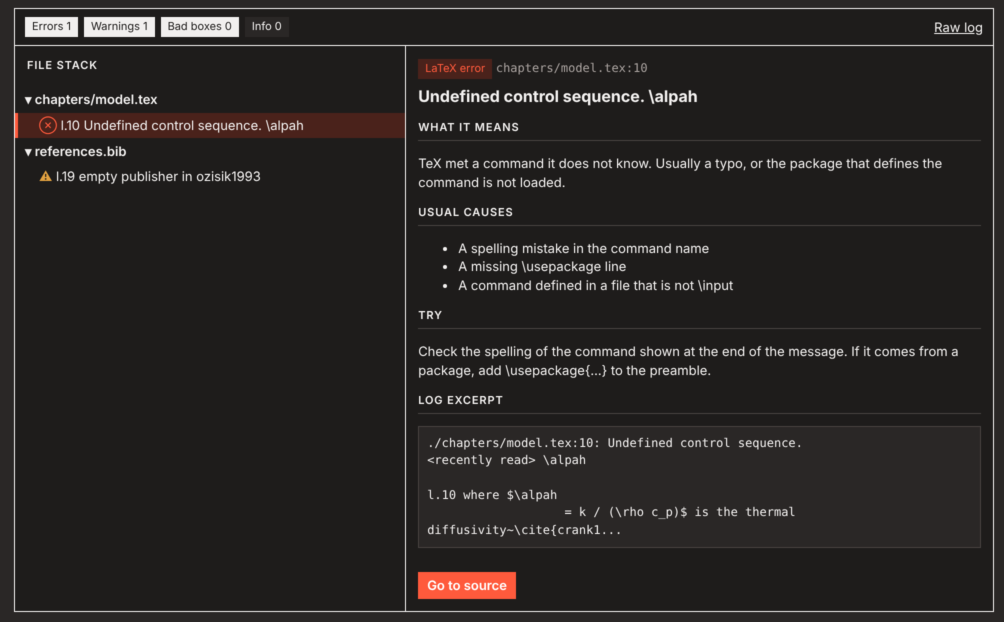 The log viewer explaining an undefined control sequence