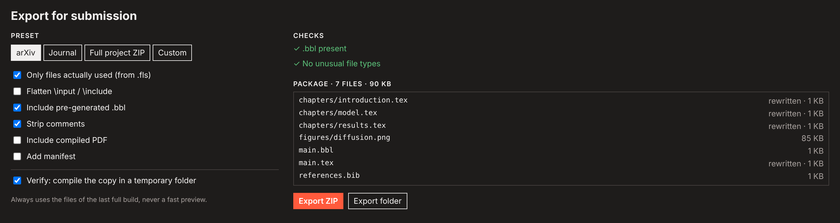 Export for submission with the arXiv preset