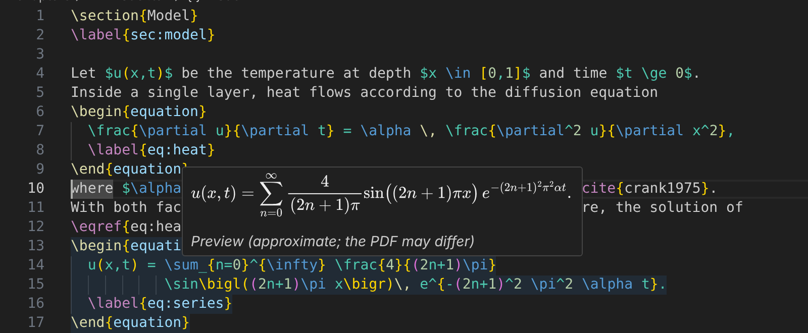 Hovering over an equation shows a rendered preview