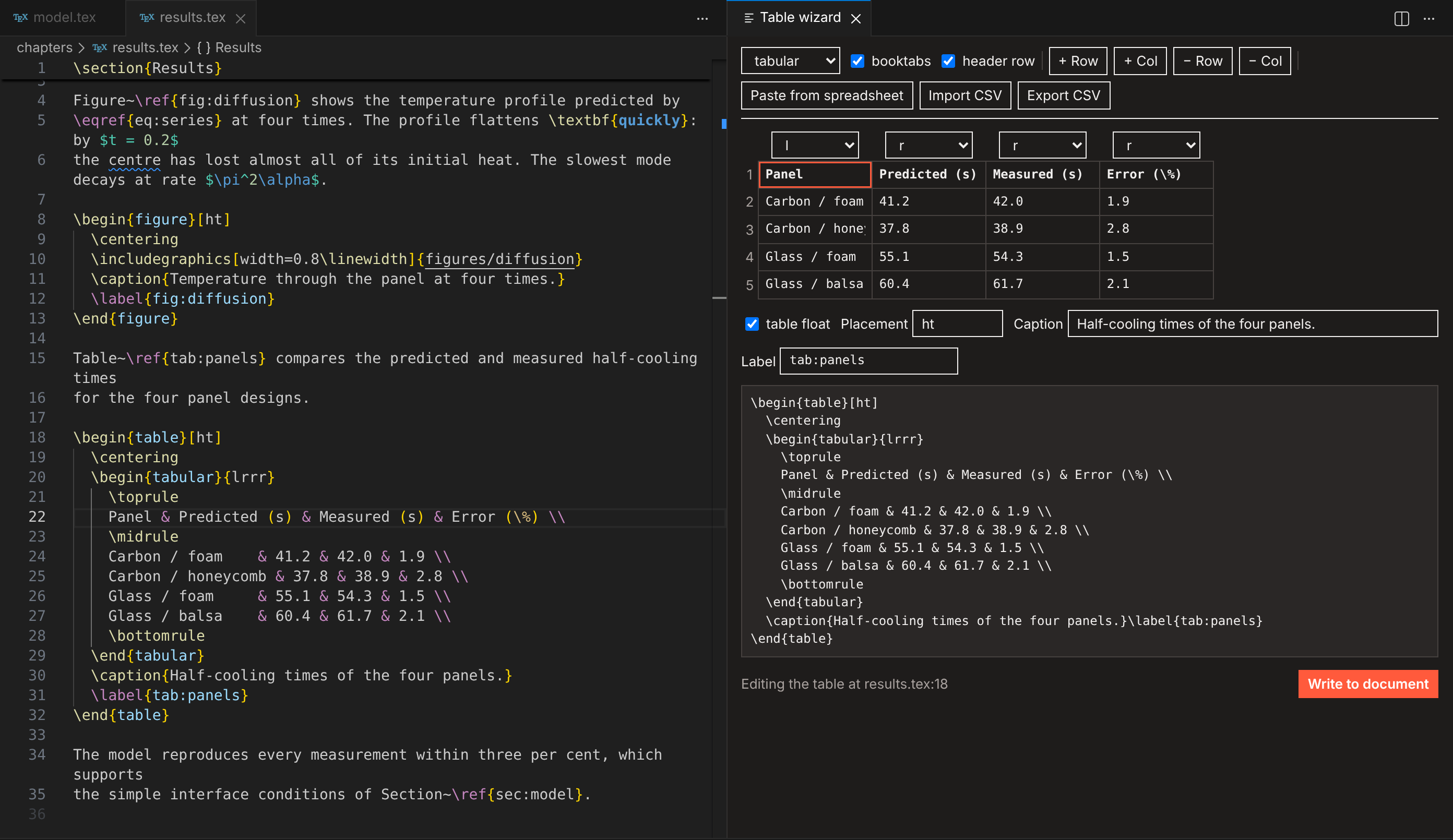 The table wizard editing an existing booktabs table
