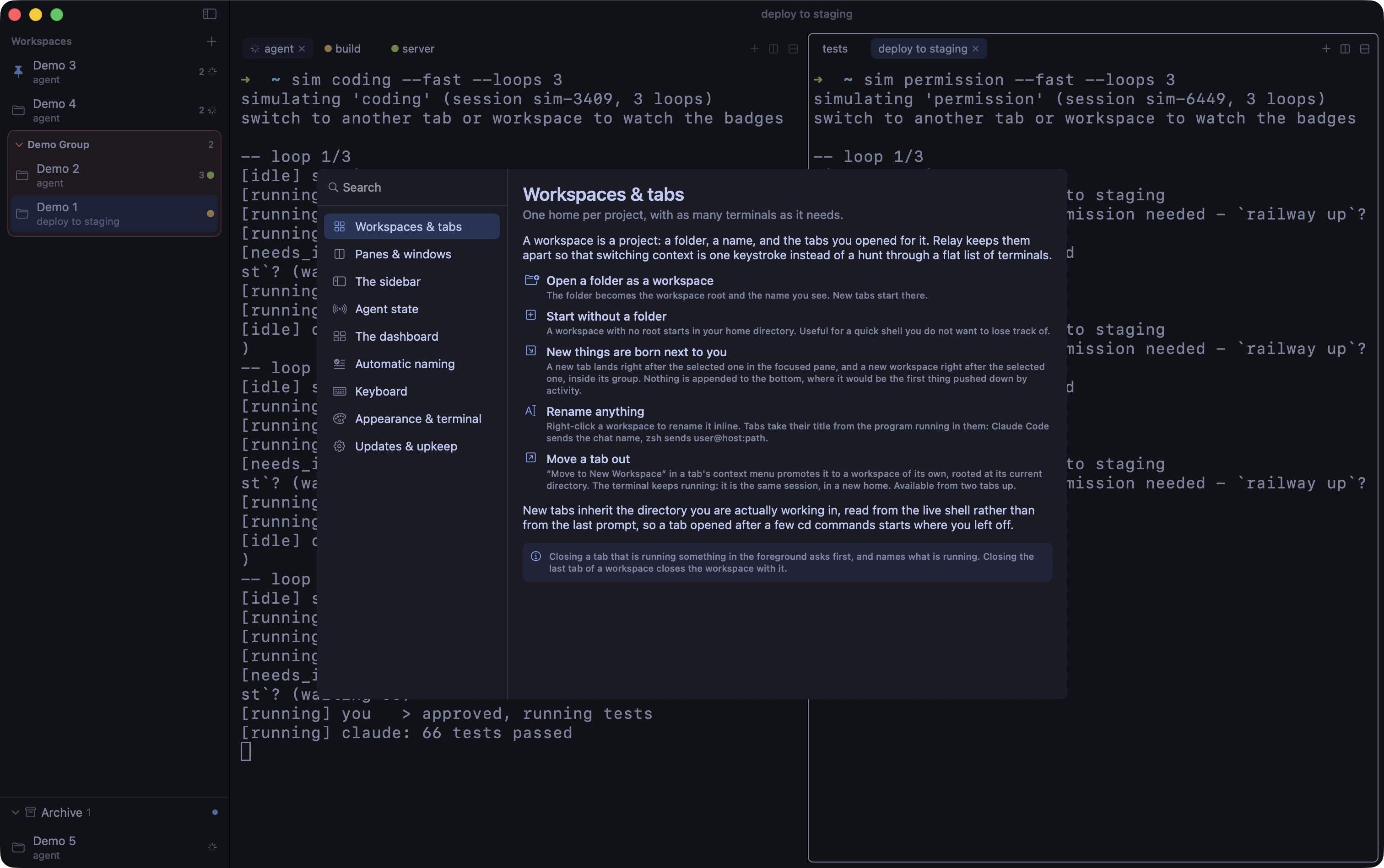 The in-app guide, open on the Workspaces and tabs section