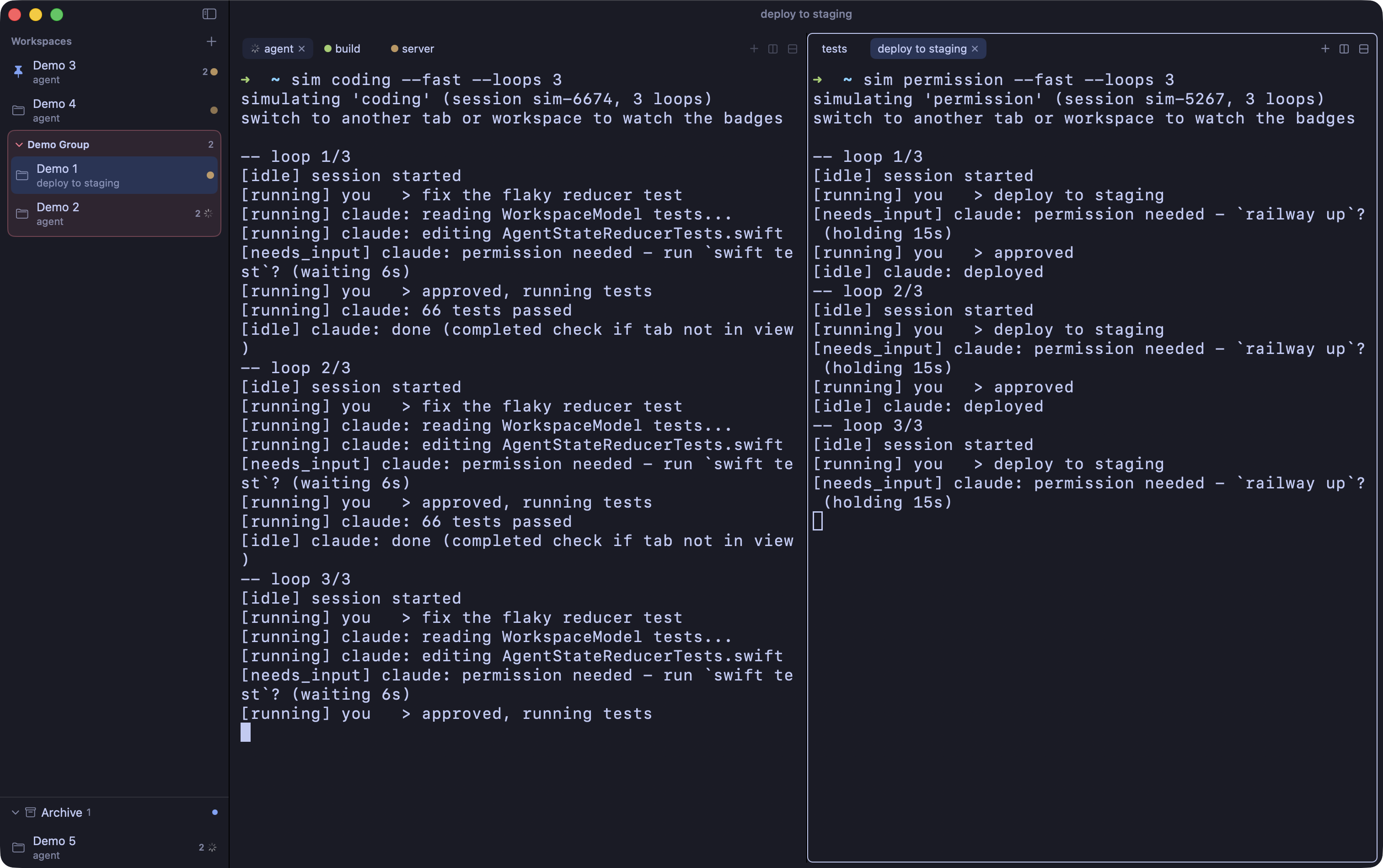 Relay running several agent sessions in parallel across workspaces