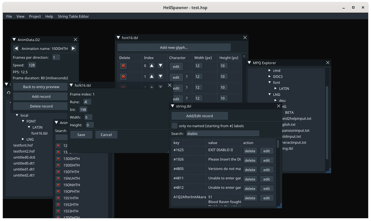 Font and String tables editor and animation data editor