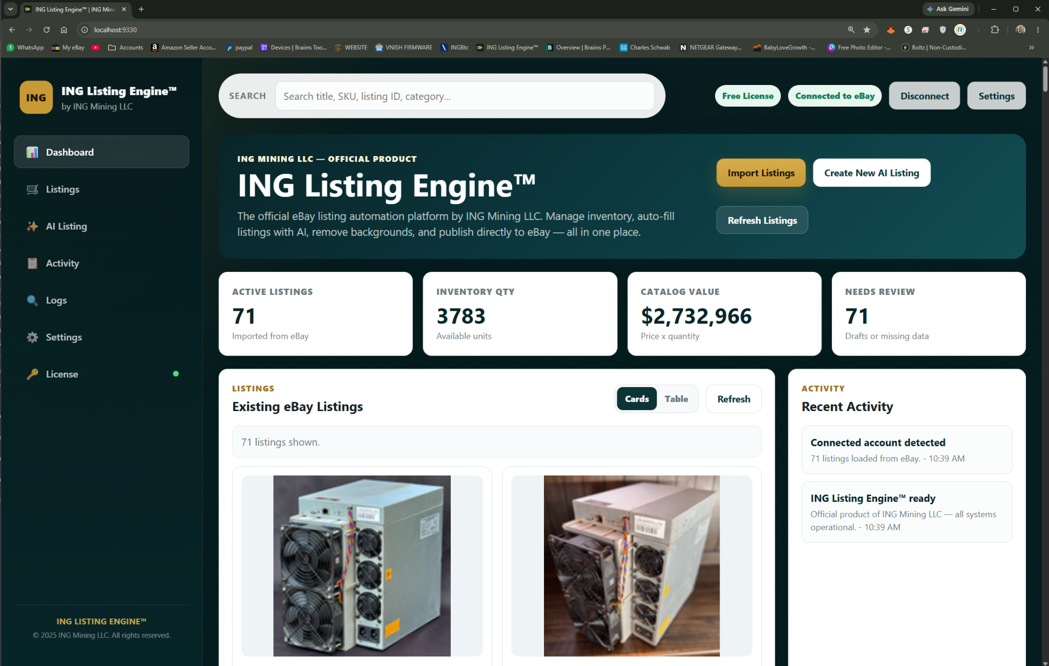 ING Listing Engine — AI eBay listing software dashboard overview