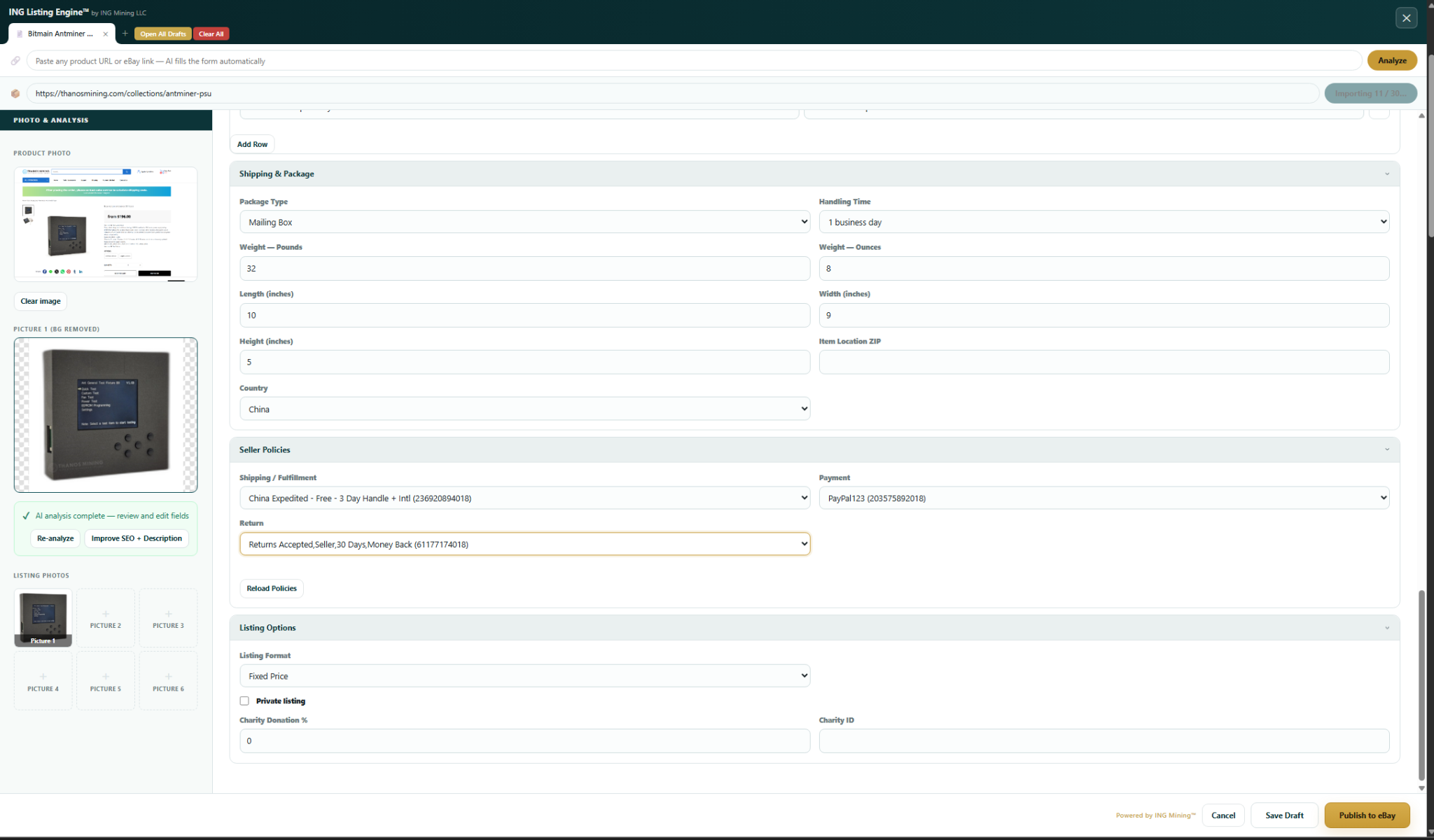 Publish-ready eBay listing with real Antminer product — ING Listing Engine