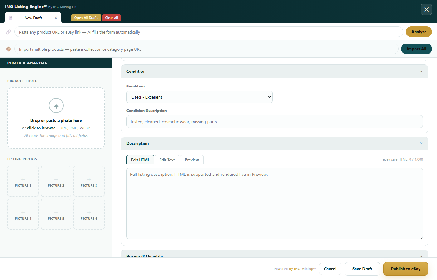 eBay listing description HTML editor — ING Listing Engine