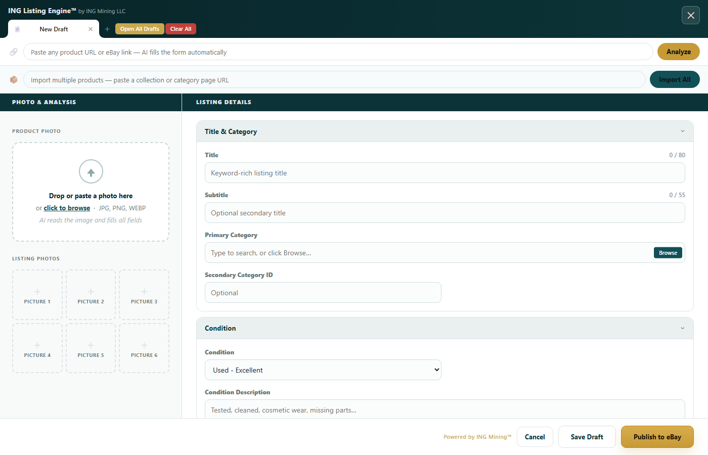 ING Listing Engine — AI eBay listing form with URL import and photo analysis