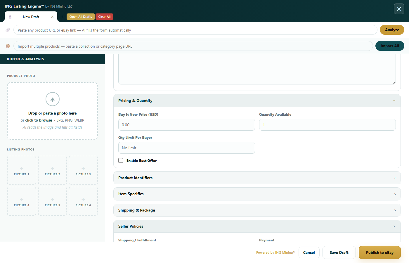 Pricing, item specifics and shipping fields — ING Listing Engine