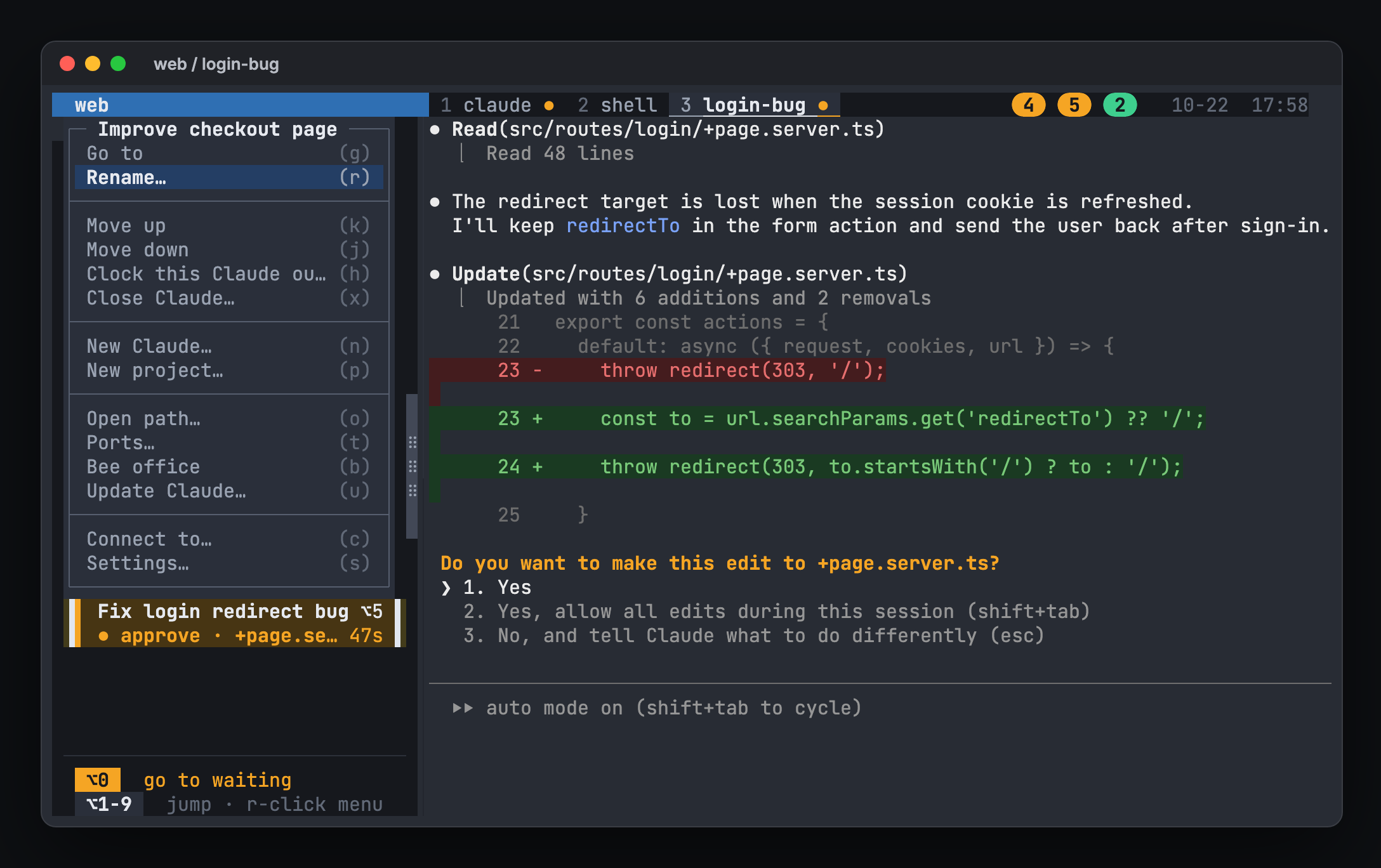 Right-click menu on a task