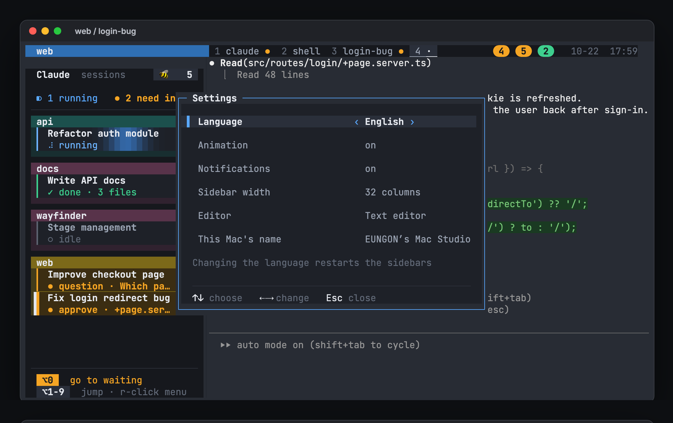 Settings popup